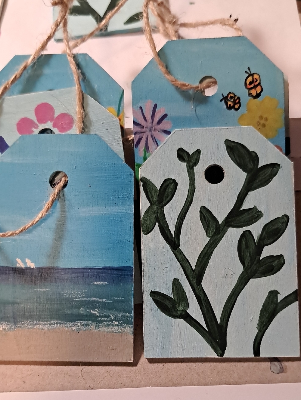 Hand-Painted Wooden Gift Tags - Blue Floral & Ocean Set